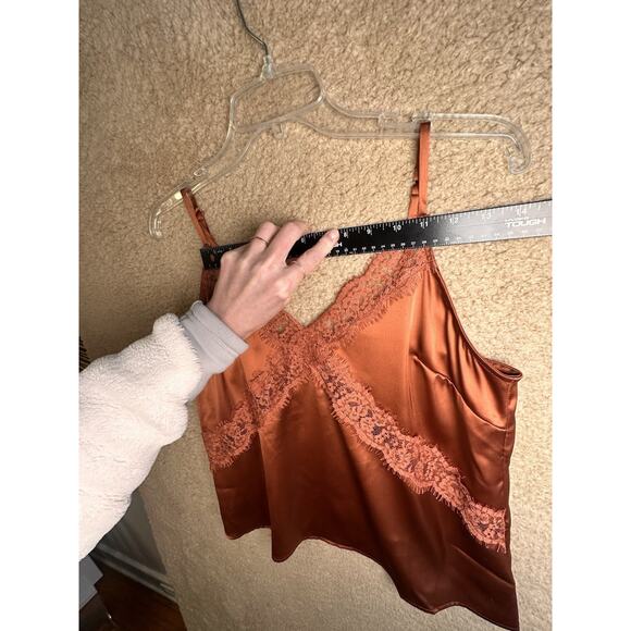 Elegant Lace Trim Satin Blouse - Rust - Picture 12 of 16